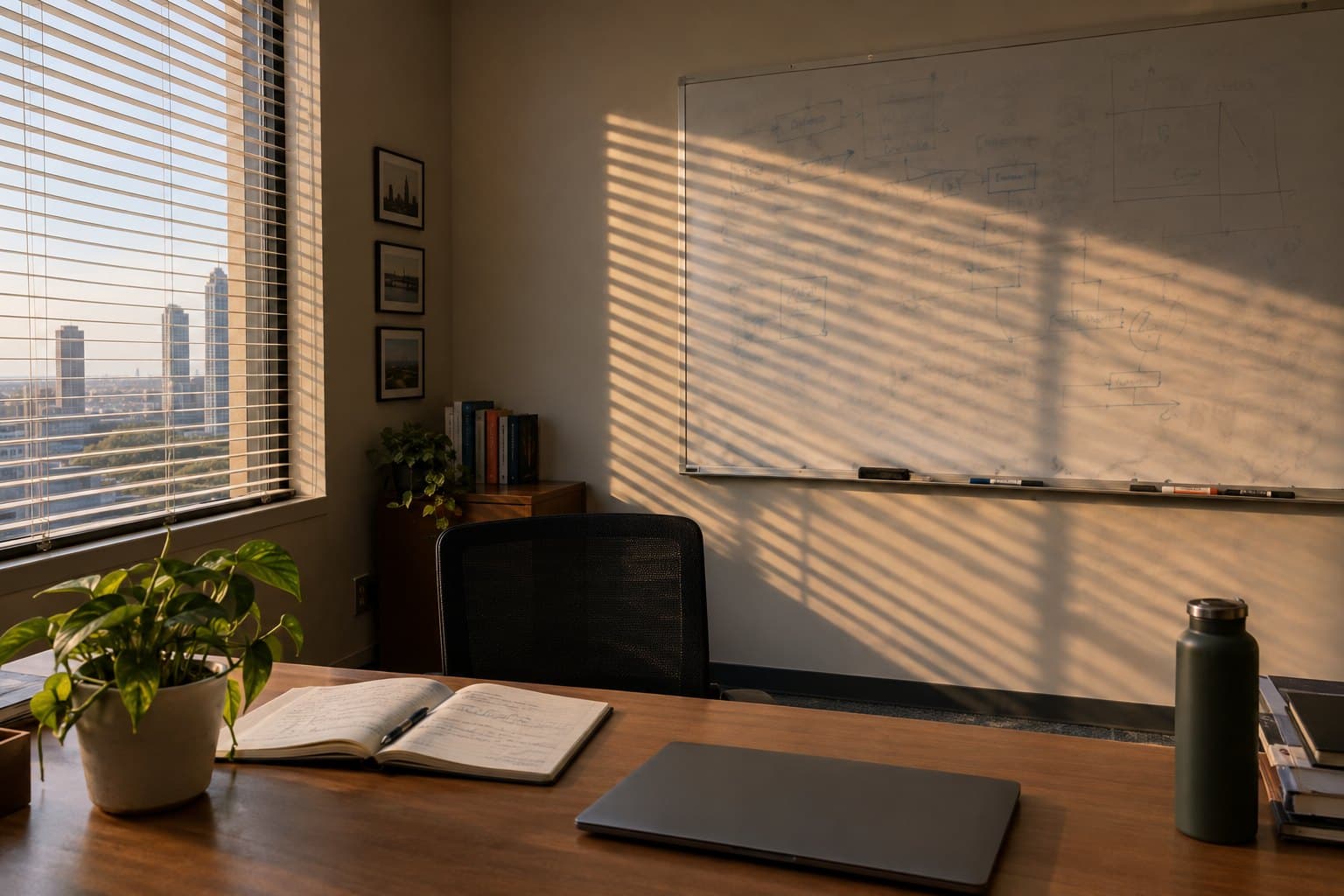 A hiring manager's meeting room: a table, two chairs and a whiteboard nobody has cleaned